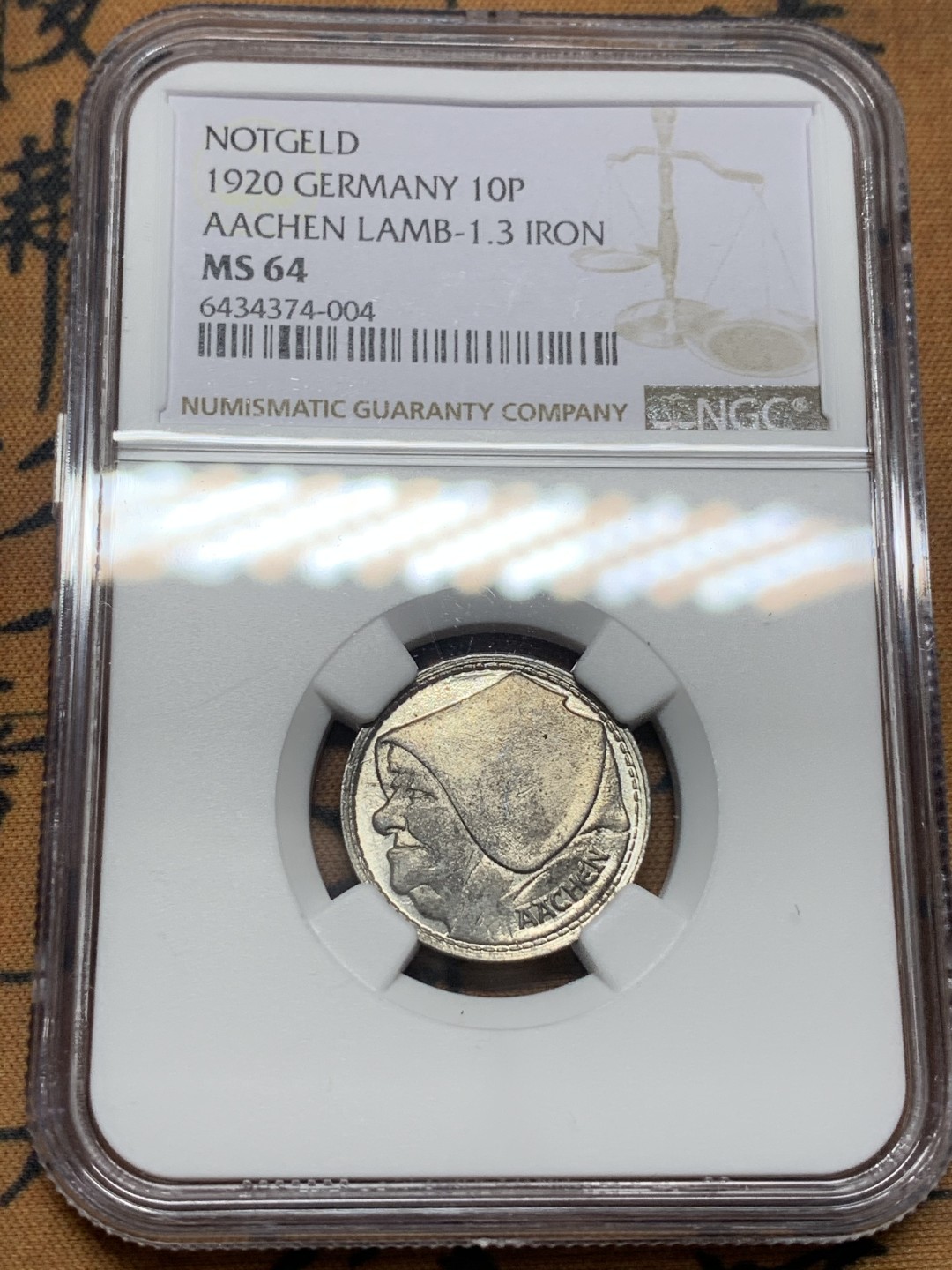 《竞宝斋》第113场-周日，周一 ，2场连拍（全场包邮） NGC-MS64 德紧 德国亚琛1920年老妇人1格罗申铁币