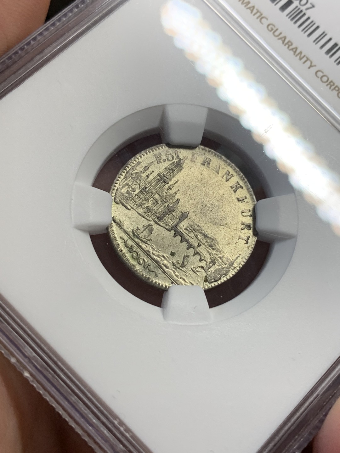 《竞宝斋》第113场-周日，周一 ，2场连拍（全场包邮） NGC MS62，德国法兰克福1854年6克鲁兹，著名的景观银币