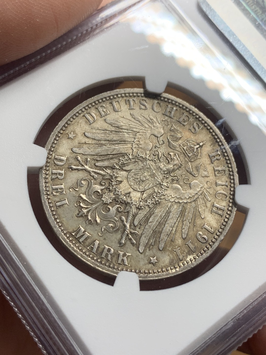 《竞宝斋》第113场-周日，周一 ，2场连拍（全场包邮） NGC-MS64 德国巴伐利亚 1911年 九十周年生日纪念 3马克大银币 欧洲包浆 顶级状态