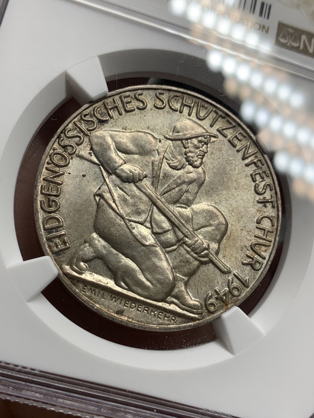 《竞宝斋》第113场-周日，周一 ，2场连拍（全场包邮） NGC MS63，瑞士1949年劳宾登射击节银章，总共不到500枚