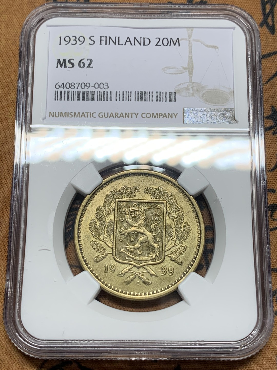 《竞宝斋》第113场-周日，周一 ，2场连拍（全场包邮） NGC-MS62 芬兰1939年 20马克铜币 稀少品种 早期的难得上MS