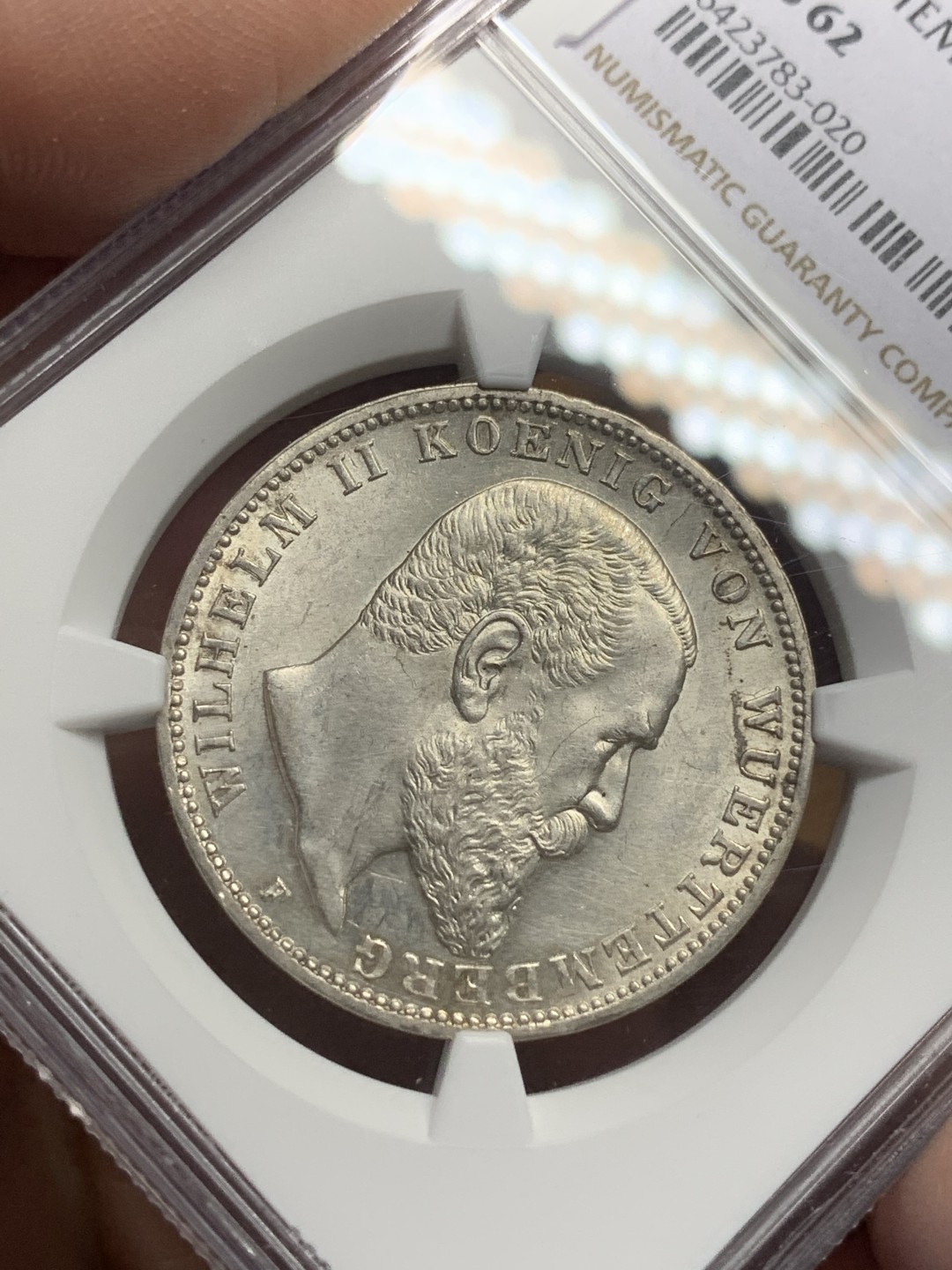 《竞宝斋》第113场-周日，周一 ，2场连拍（全场包邮） NGC-MS62 德国符腾堡 1912年 威廉二世 3马克银币 原光好品