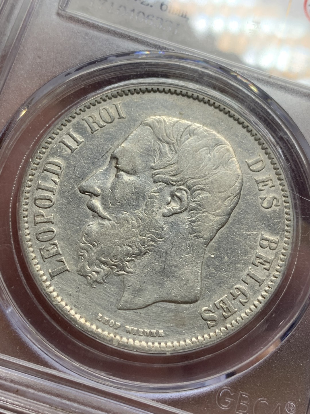 《竞宝斋》第113场-周日，周一 ，2场连拍（全场包邮） 公博AU50 比利时 1873 利奥波德 5法郎 银币