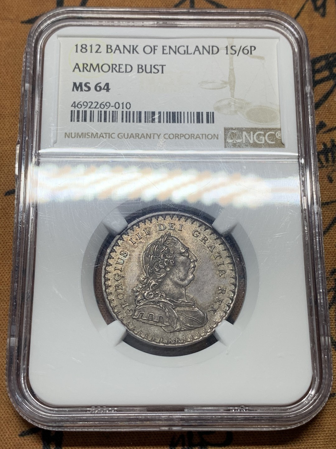 《竞宝斋》第113场-周日，周一 ，2场连拍（全场包邮） NGC MS64 英国乔三 英格兰银行1812 1先令6便士 收藏级高分