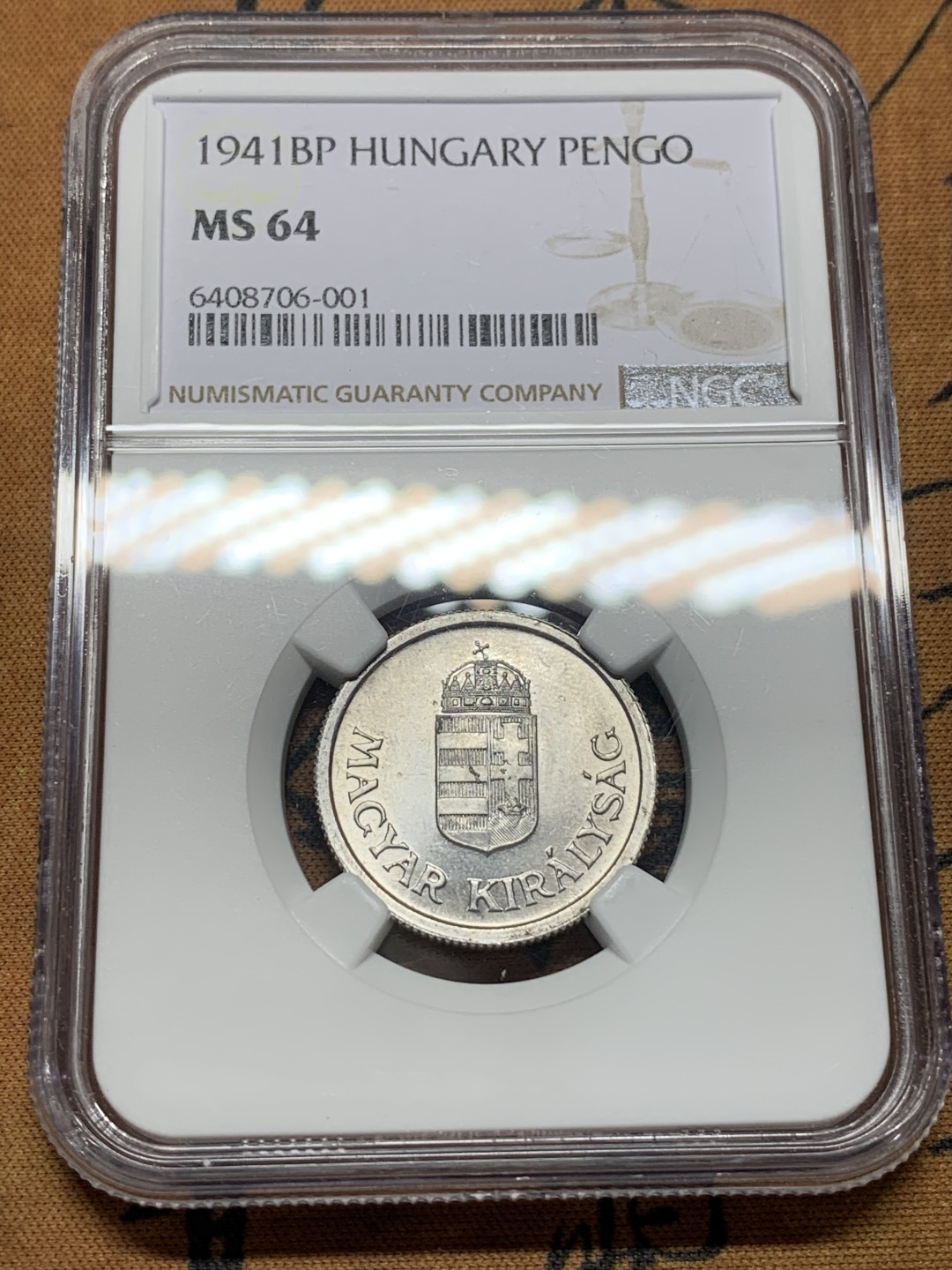 《竞宝斋》第113场-周日，周一 ，2场连拍（全场包邮） 第三名 NGC-MS64 匈牙利 1941年 1潘果铝币 少见品种