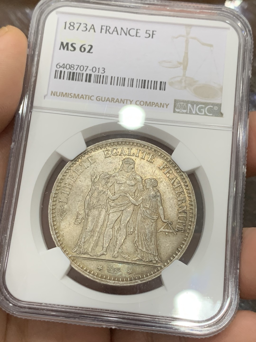 《竞宝斋》第113场-周日，周一 ，2场连拍（全场包邮） NGC-MS62 法国1873年 大力神 5法郎大银币 原光带彩