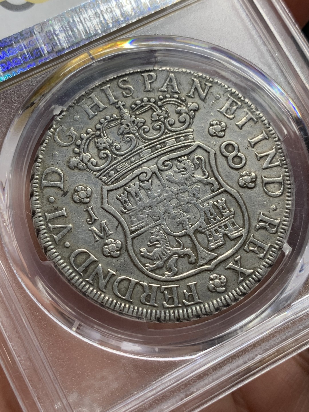 《竞宝斋》第113场-周日，周一 ，2场连拍（全场包邮） 亚军分 PCGS XF40 秘鲁 1758/7 骑字版版 中期 8R 双柱大银币，冠军分是一枚AU50,秘鲁相对不多，骑字的秘鲁更为难得，比较好的品种 请勿错过