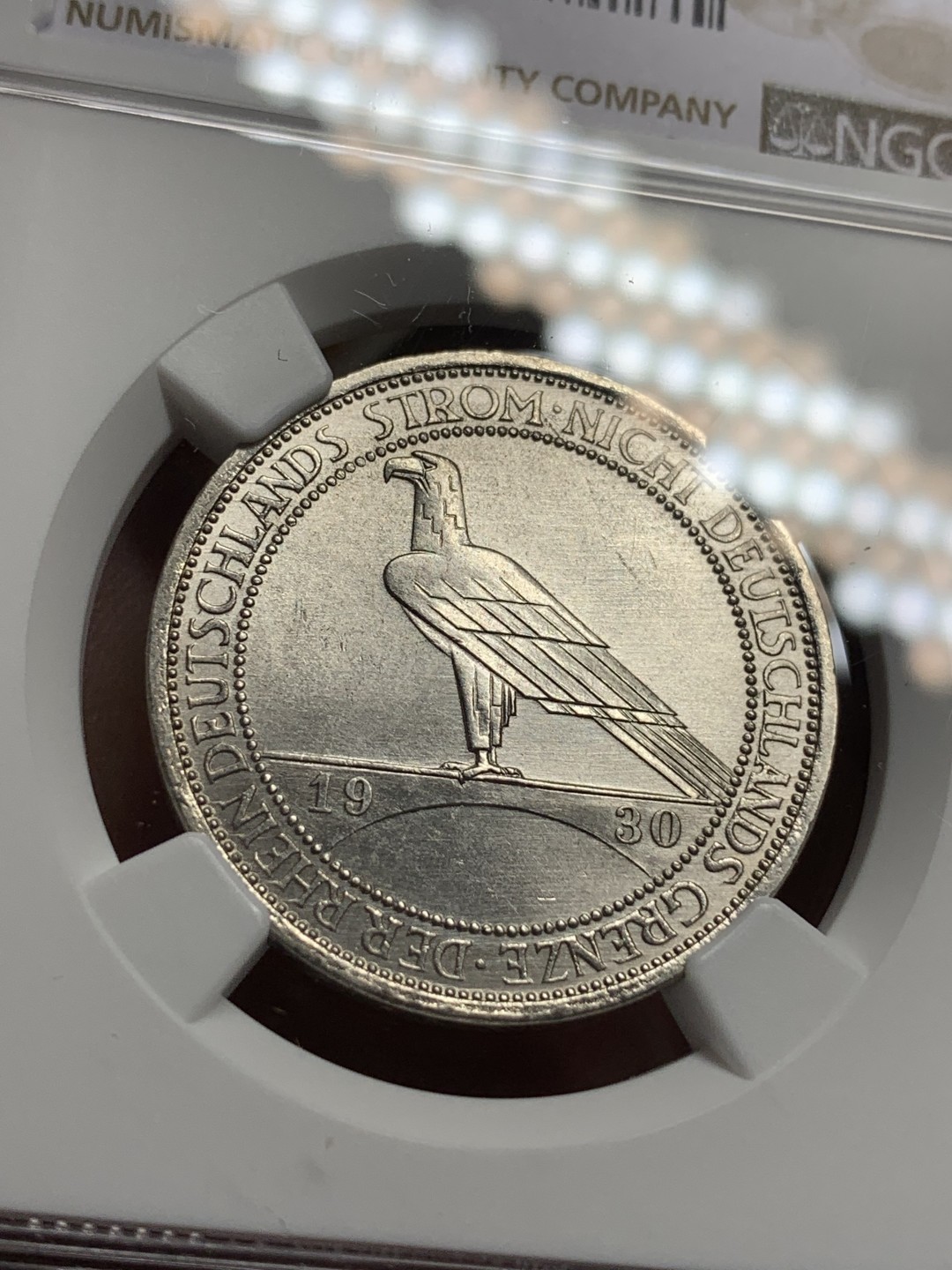 《竞宝斋》第113场-周日，周一 ，2场连拍（全场包邮） NGC-MS61 德国魏玛 1930年鹰桥 3马克银币 粉光 很舒服