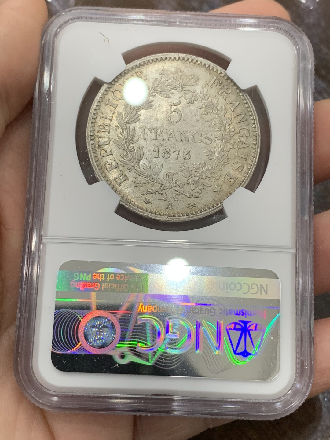 《竞宝斋》第113场-周日，周一 ，2场连拍（全场包邮） NGC-MS62 法国1873年 大力神 5法郎大银币 原光带彩