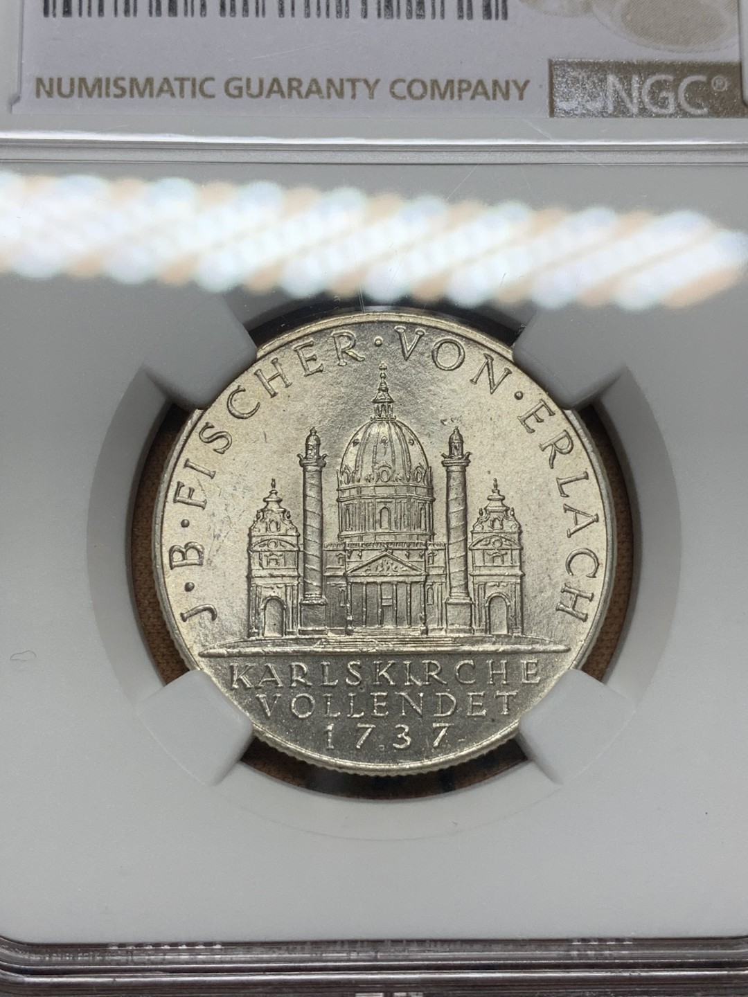 《竞宝斋》第113场-周日，周一 ，2场连拍（全场包邮） NGC-MS63 奥地利1937年 圣夏勒堂 早期2先令银币 原光好品