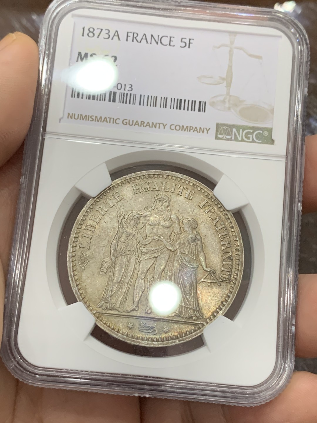 《竞宝斋》第113场-周日，周一 ，2场连拍（全场包邮） NGC-MS62 法国1873年 大力神 5法郎大银币 原光带彩