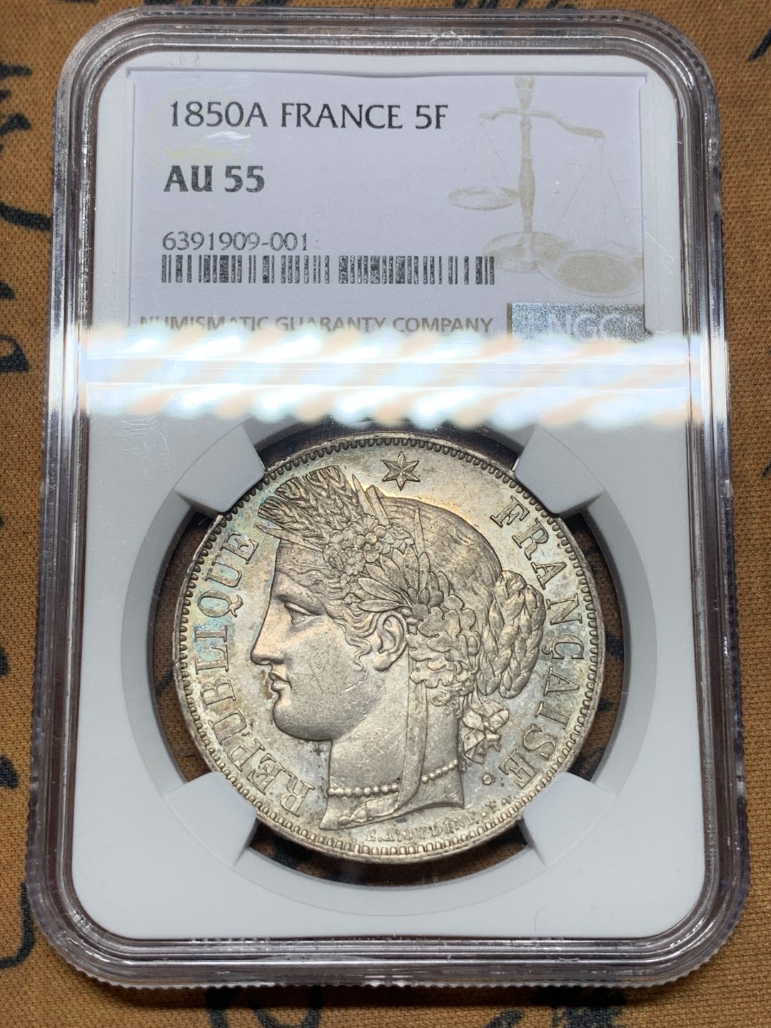 《竞宝斋》第113场-周日，周一 ，2场连拍（全场包邮） NGC AU55 法国 1850年 谷物女神 5法郎 银币 金绿色包浆 状态好