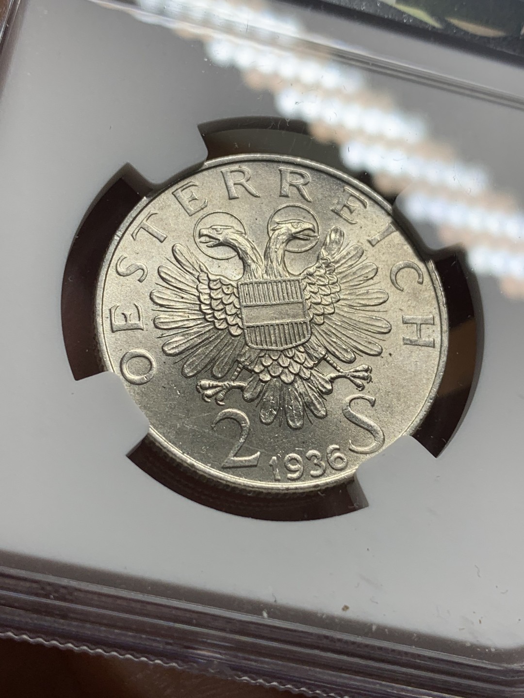 《竞宝斋》第113场-周日，周一 ，2场连拍（全场包邮） NGC-MS64 奥地利1936年 欧根亲王 2先令银币 顶级品相