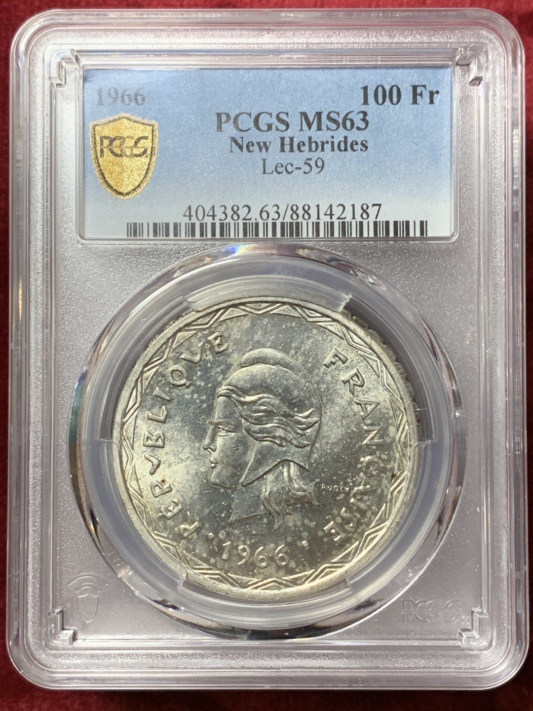 《竞宝斋》第113场-周日，周一 ，2场连拍（全场包邮） PCGS MS63 法属新赫布底里1966年100法郎银币