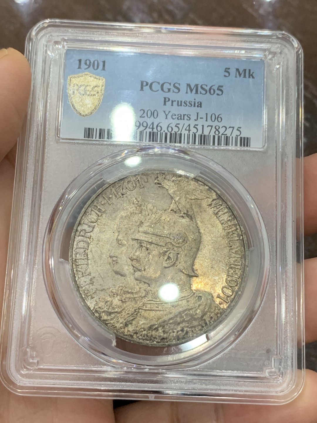 《竞宝斋》第113场-周日，周一 ，2场连拍（全场包邮） PCGS MS65 原光 淡彩德国普鲁士 1901年 建国5马克 银币 爆闪光芒 背面盒子有小磕