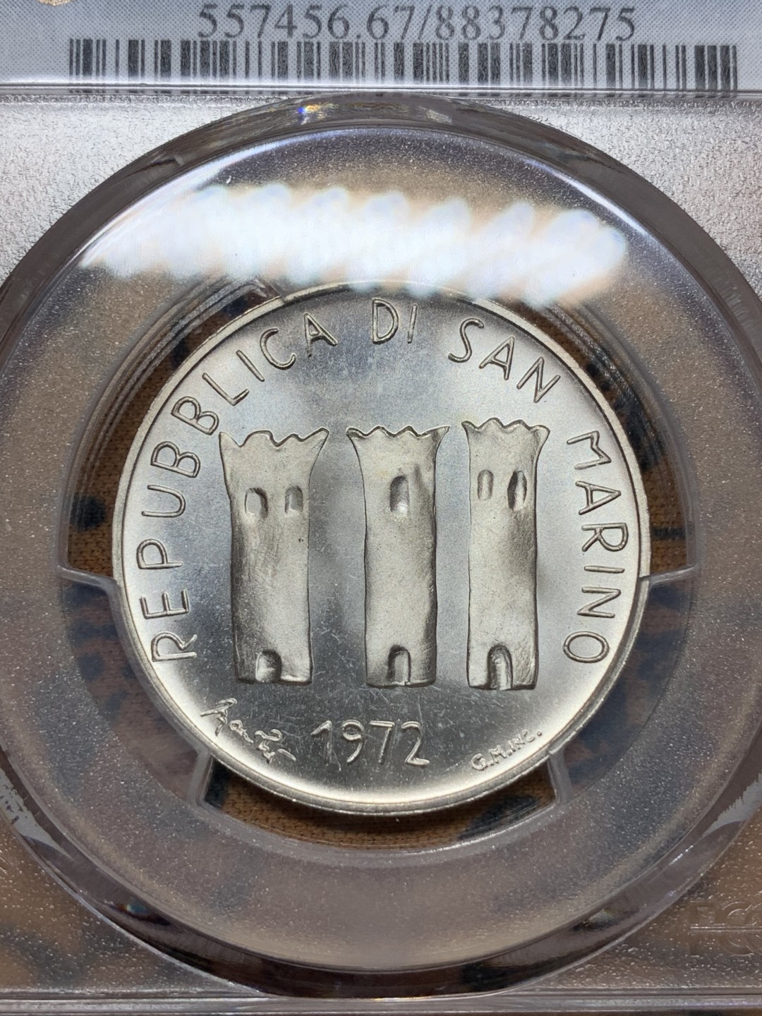 《竞宝斋》第113场-周日，周一 ，2场连拍（全场包邮） PCGS MS67 1972年圣马力诺500里拉 霜光饱满 冠军分