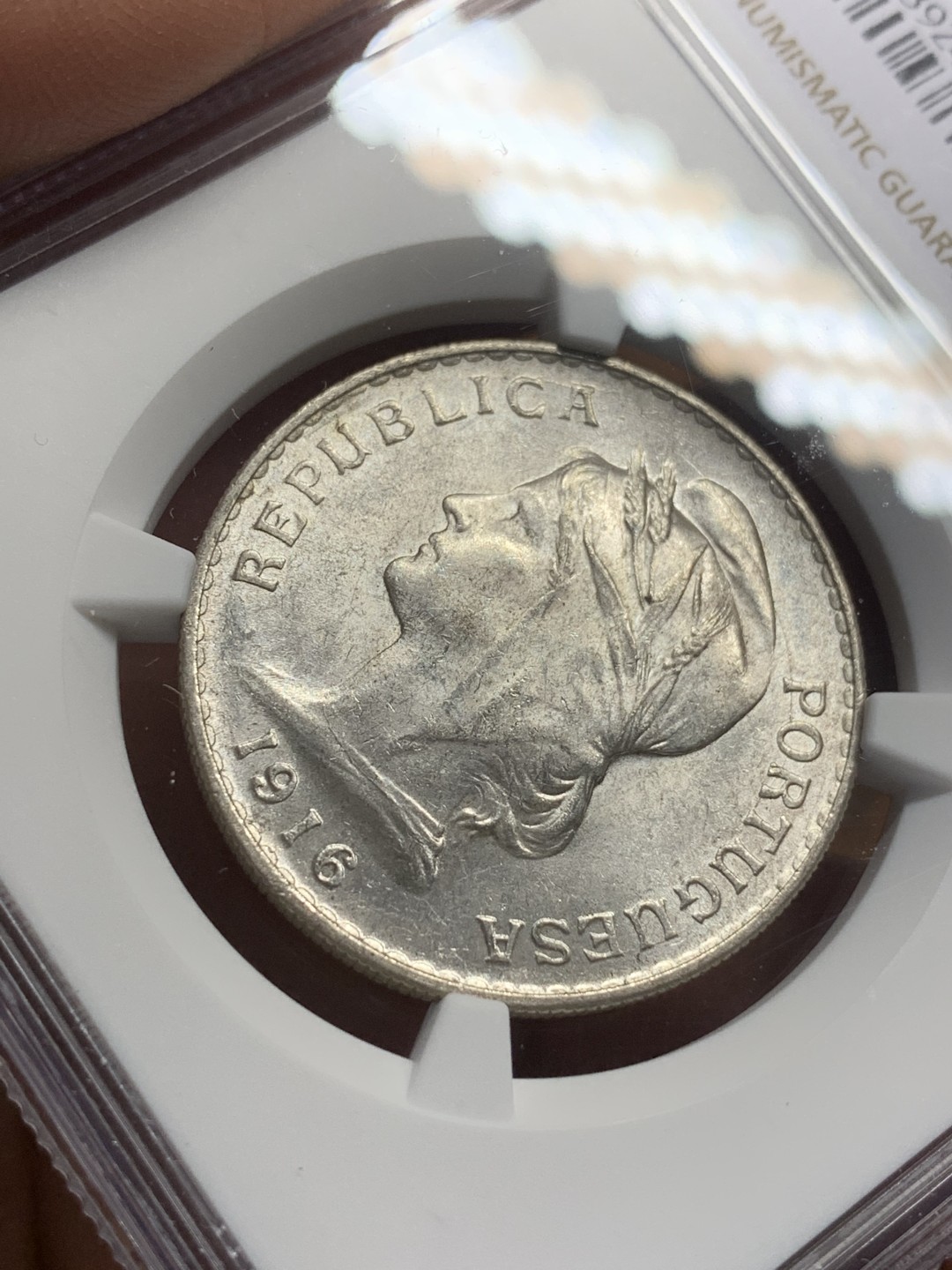 《竞宝斋》第113场-周日，周一 ，2场连拍（全场包邮） NGC-MS63 葡萄牙1916年 自由女神头像 50分银币 原光好品