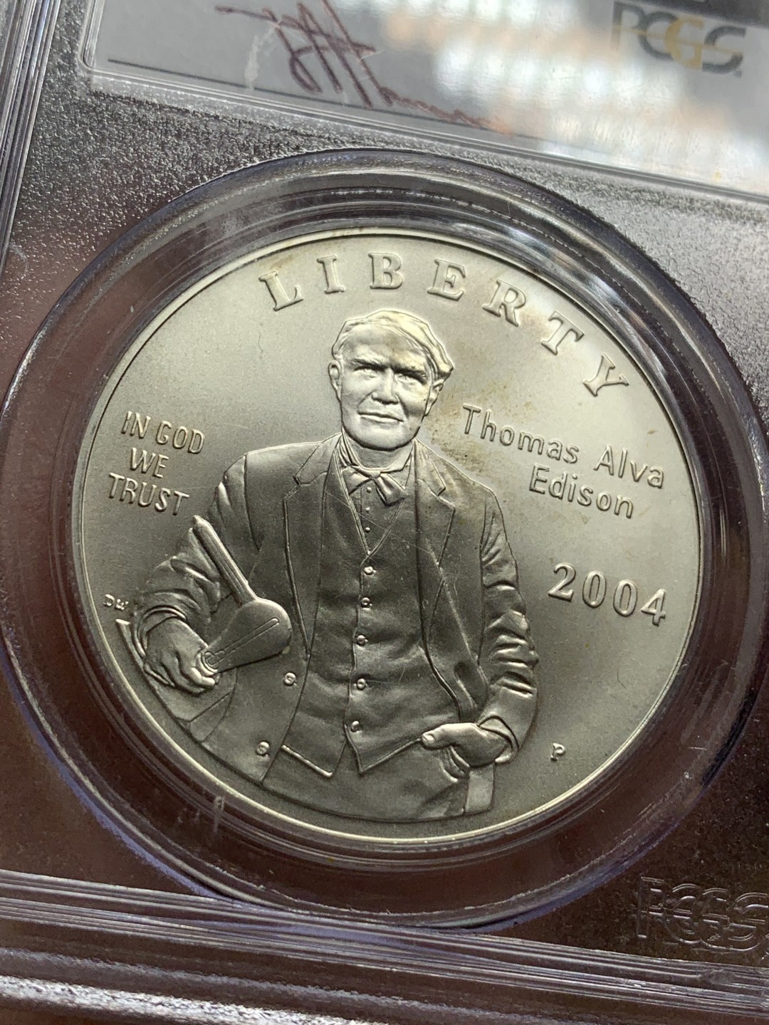 《竞宝斋》第113场-周日，周一 ，2场连拍（全场包邮） PCGS MS69 美国 2004年 爱迪生 发明灯泡 125周年纪念 大银币 特殊标签 比较有新意