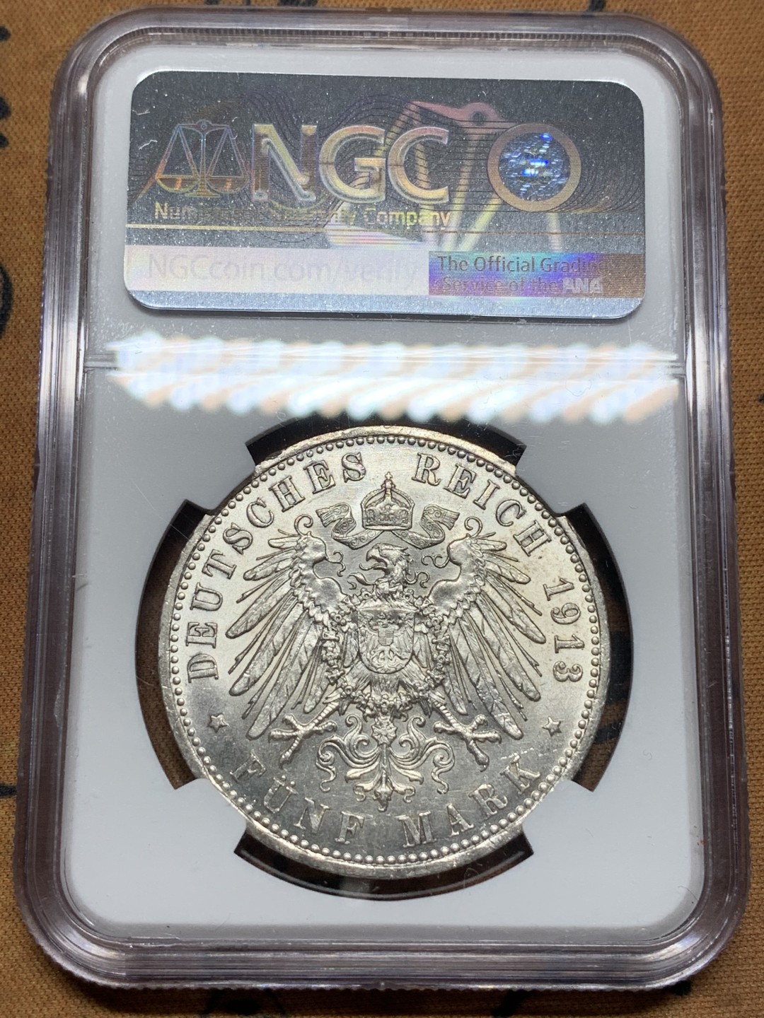 《竞宝斋》第113场-周日，周一 ，2场连拍（全场包邮） NGC-MS62 德国普鲁士 1913年 军装版威廉二世 5马克大银币 原光好品