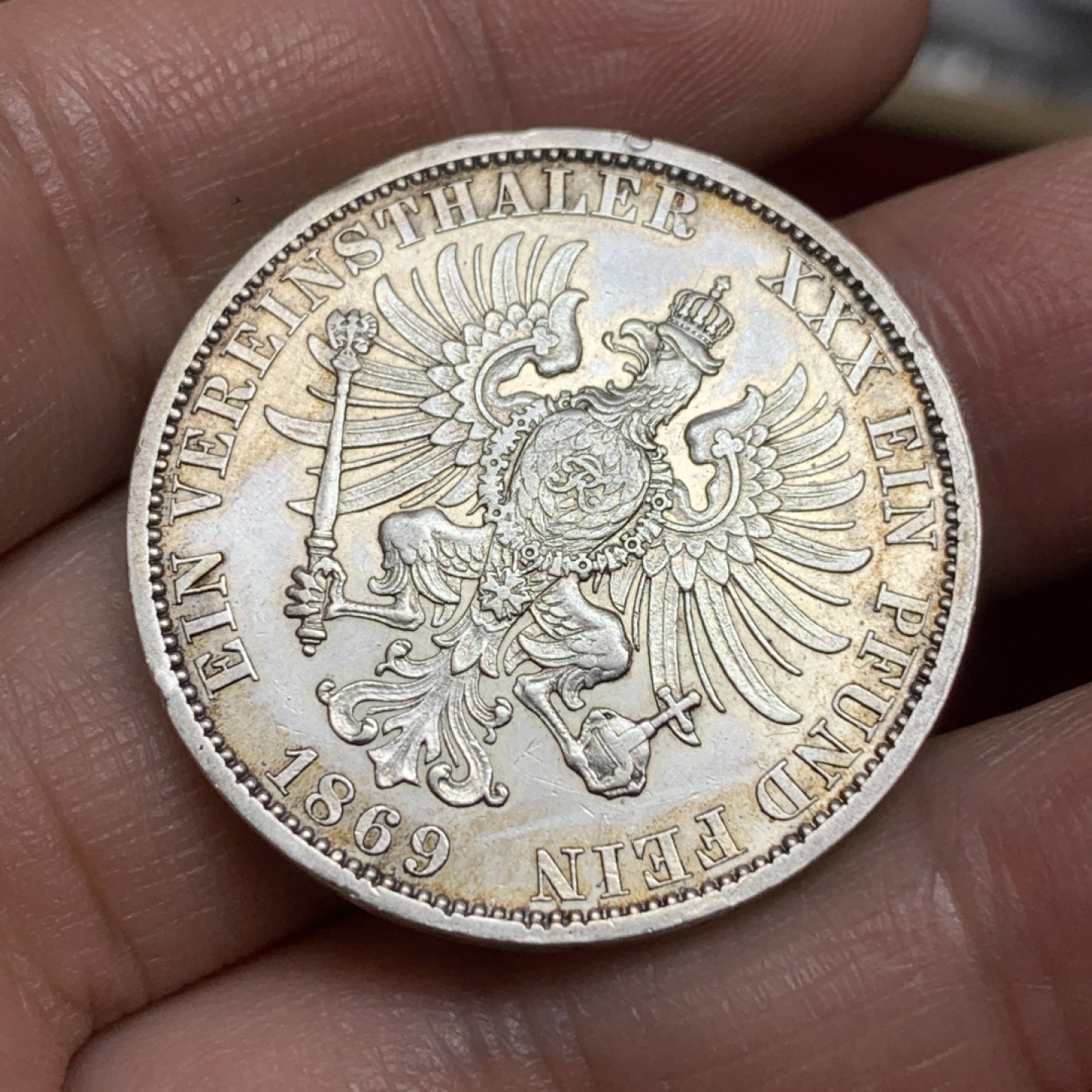 《竞宝斋》第113场-周日，周一 ，2场连拍（全场包邮） 1869年德国 普鲁士 威廉一世泰勒，银币 包浆细节都不错