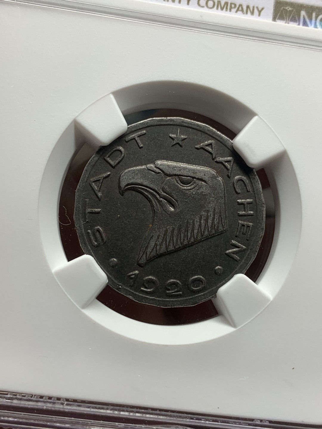 《竞宝斋》第113场-周日，周一 ，2场连拍（全场包邮） NGC-MS63 德紧小名誉品 德国亚琛1920年大嘴鹰50芬尼铁币 NGC亚军分！只有2枚更高分！