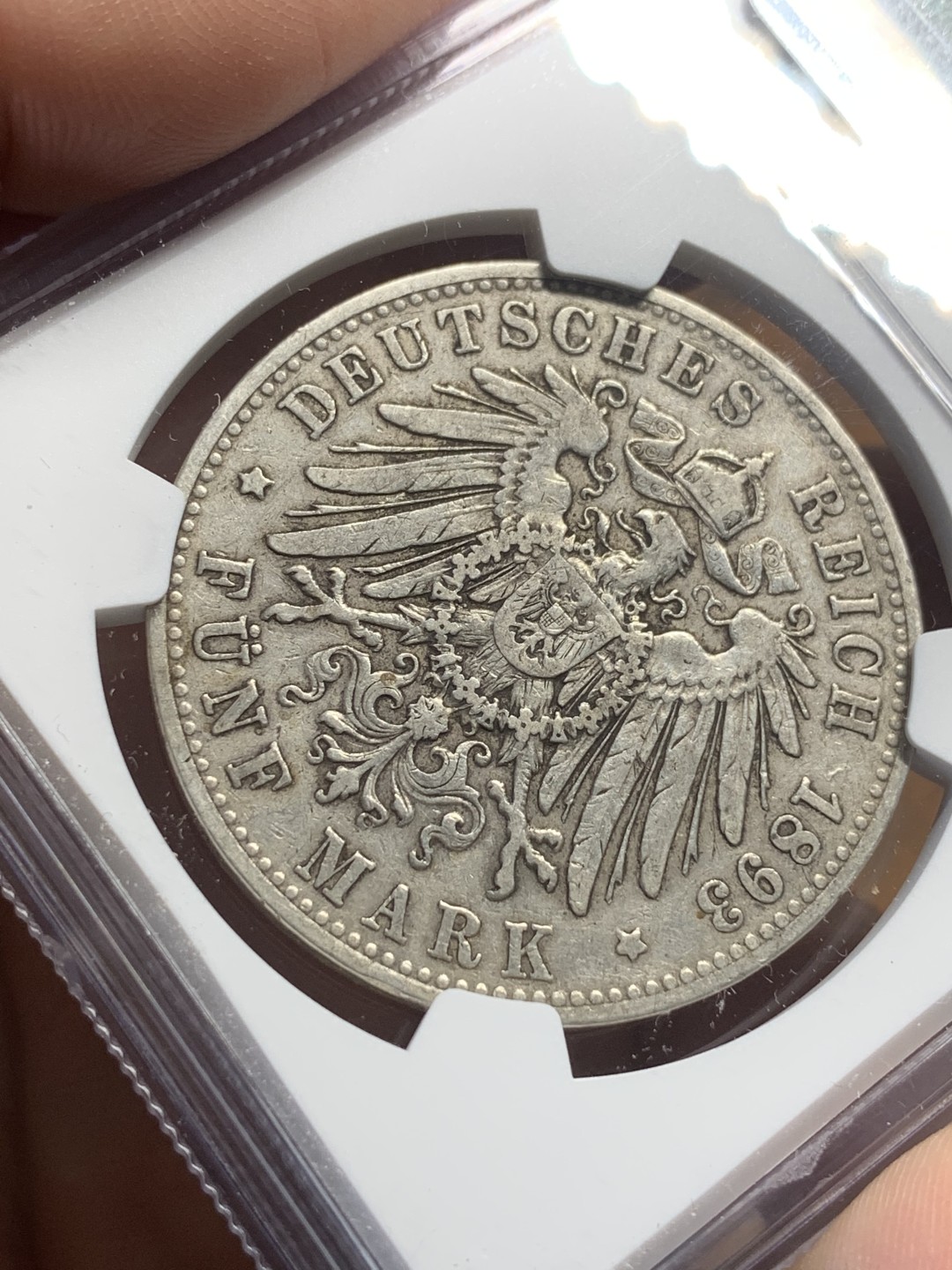 《竞宝斋》第113场-周日，周一 ，2场连拍（全场包邮） 第三名 NGC-XF45 德国汉堡 1893年 早期双狮盾牌5马克 大银币 早期年份出分不易