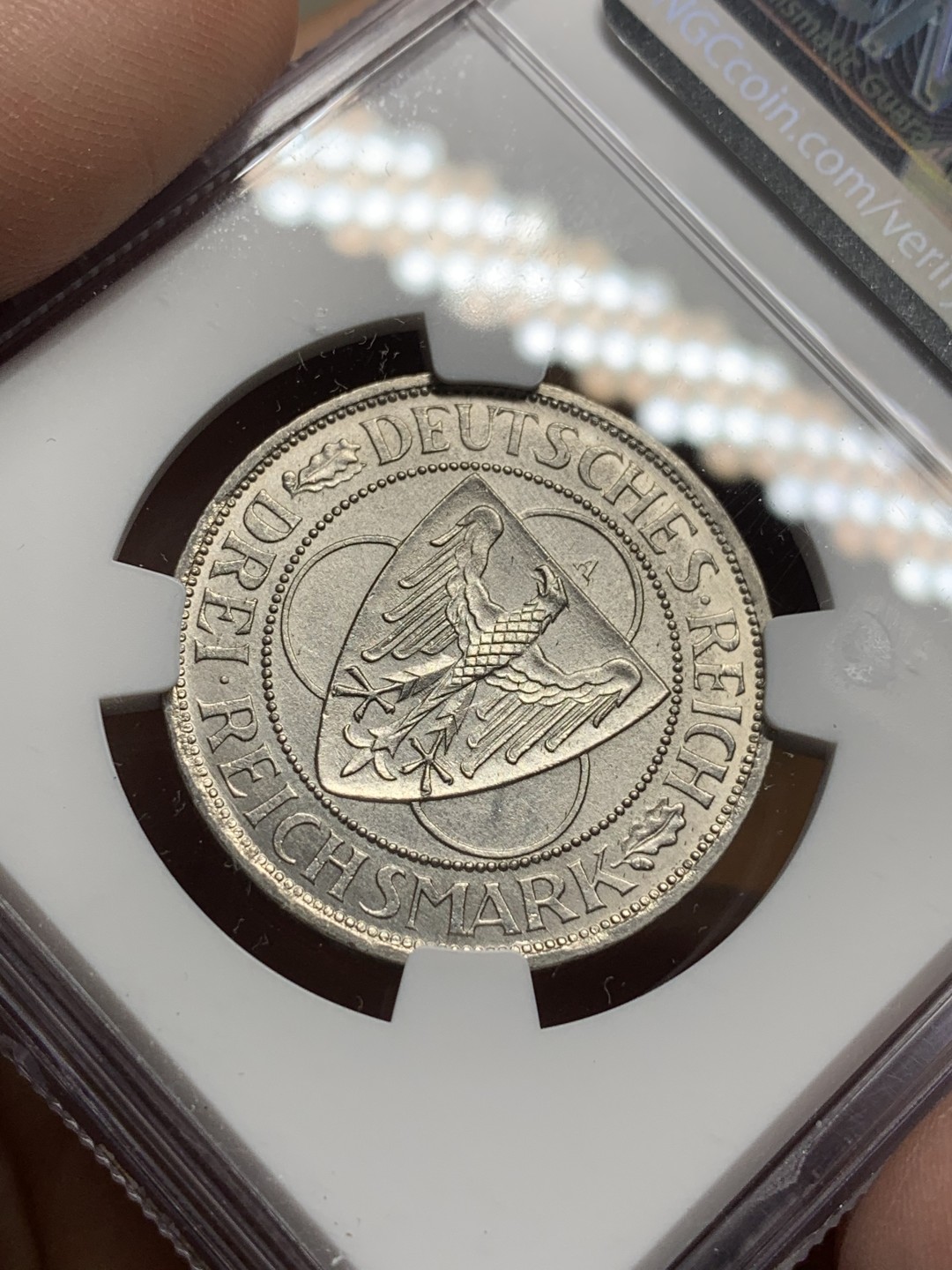 《竞宝斋》第113场-周日，周一 ，2场连拍（全场包邮） NGC-MS61 德国魏玛 1930年鹰桥 3马克银币 粉光 很舒服