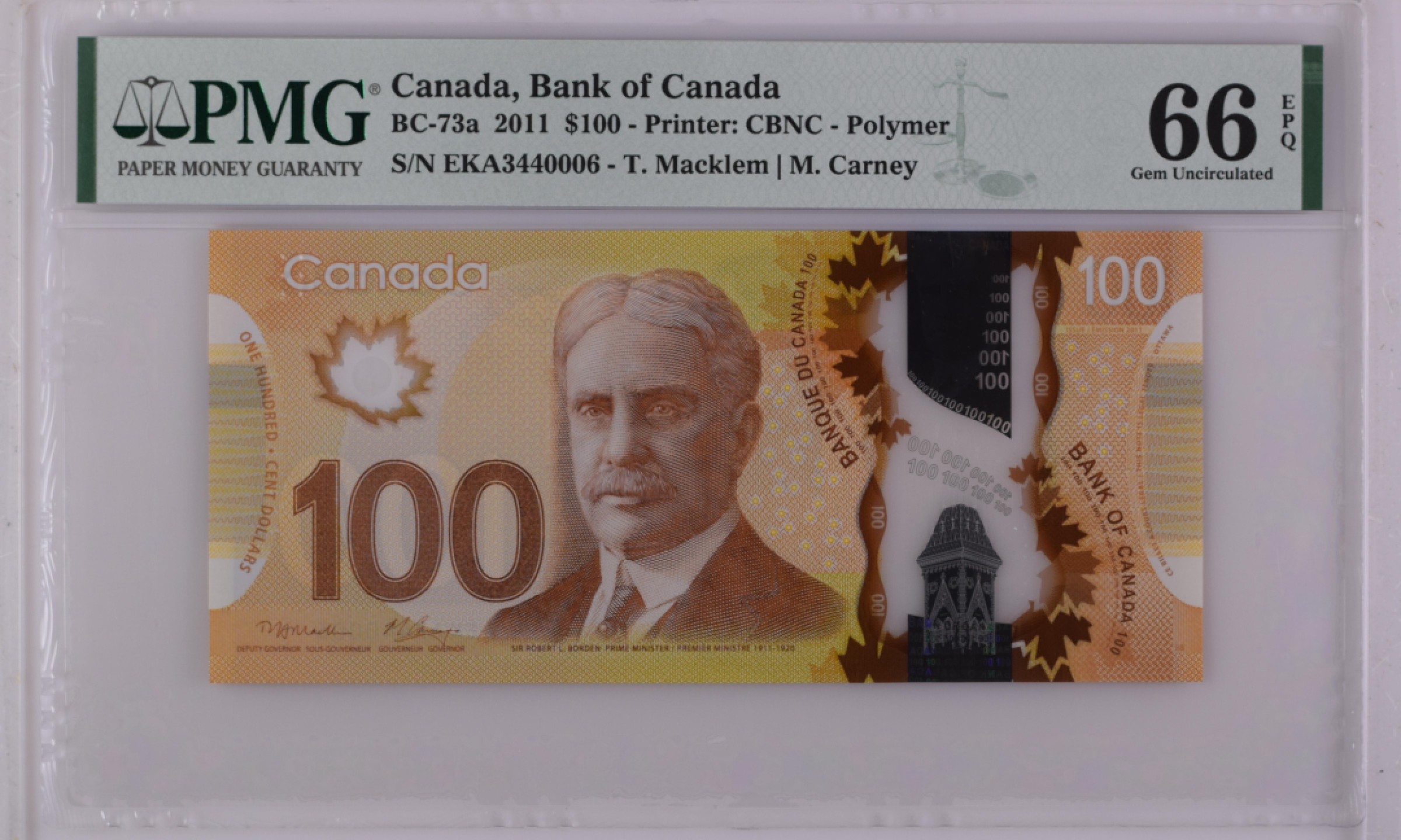 收藏联盟Quantum Auction 第206期拍卖 加拿大2011年100元 PMG66 自带豹子号000