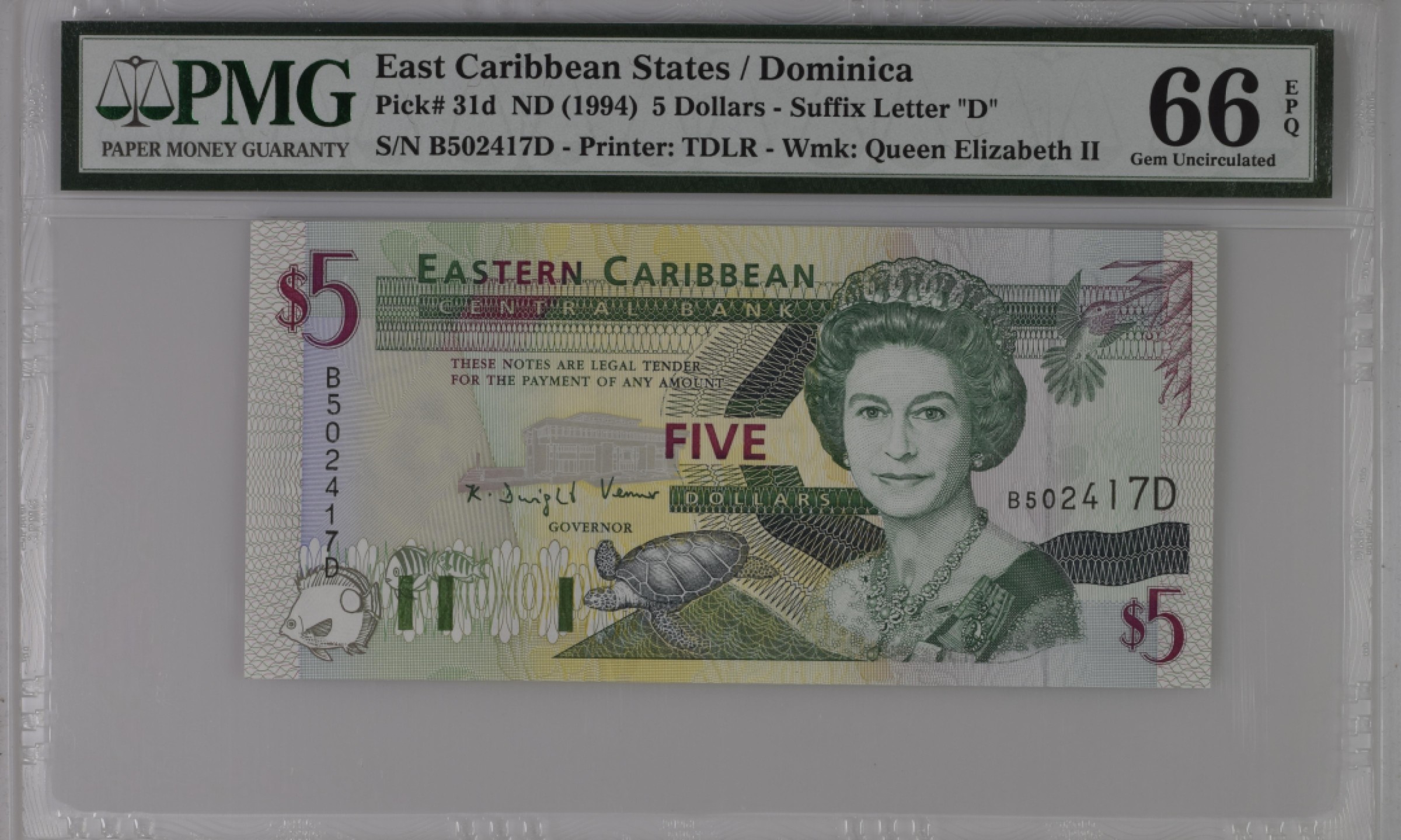 收藏联盟Quantum Auction 第206期拍卖 东加勒比国家(多米尼加)1994年5元 PMG66 
