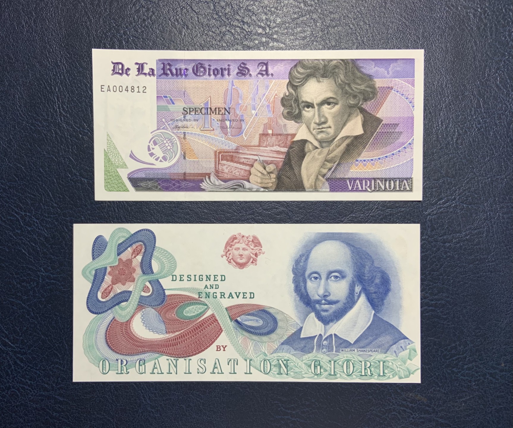 收藏联盟Quantum Auction 第205期拍卖 英国德纳罗公司1元贝多芬(雕刻版)和莎士比亚纪念券(深凹版)测试钞 品相全新UNC