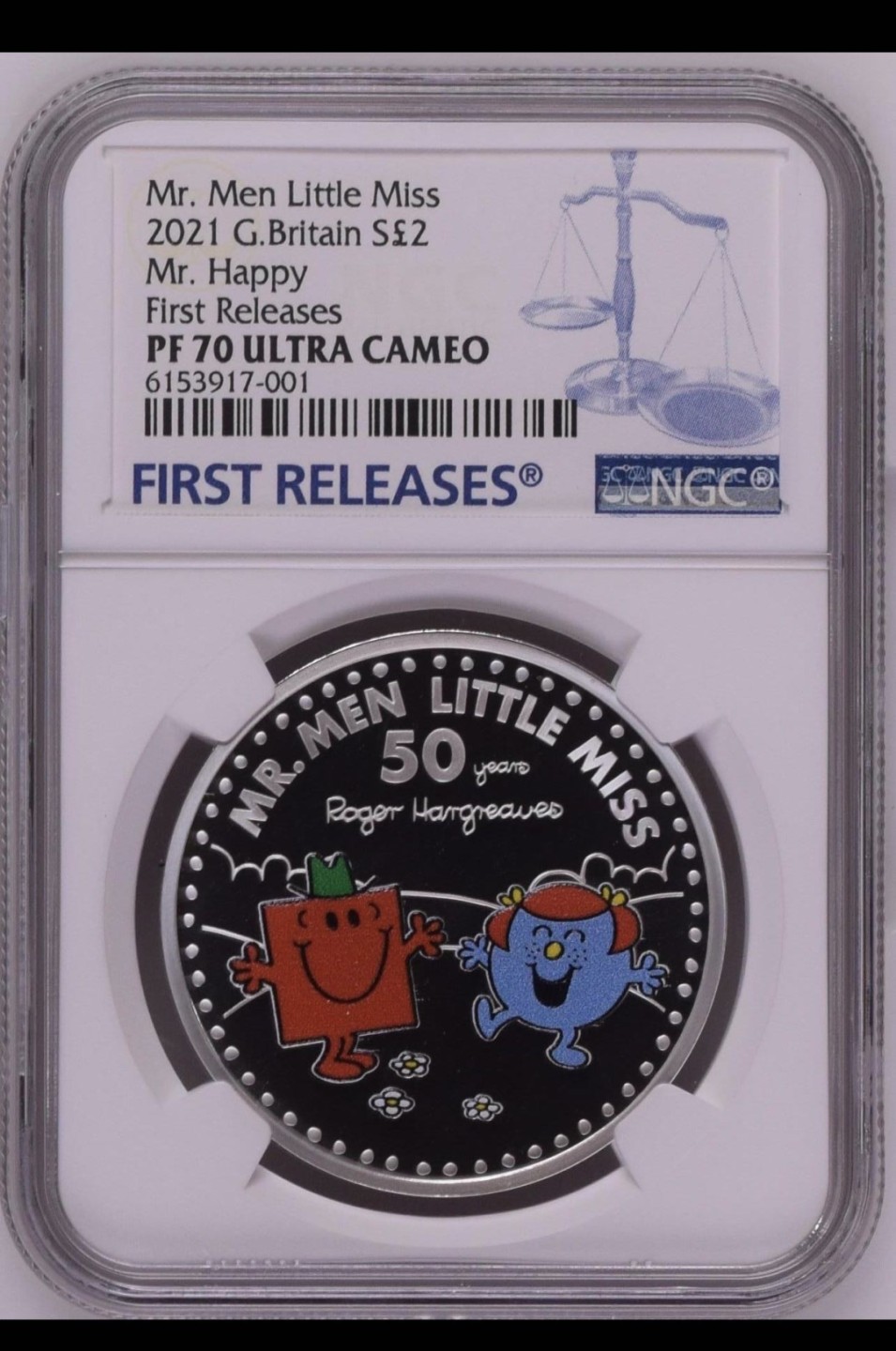 收藏联盟Quantum Auction 第206期拍卖 英国2021年2英镑   NGC PF70UC 满分级别 首发蓝标 限量发行 Mr.Men Little Miss系列 开心先生 彩色精制银币