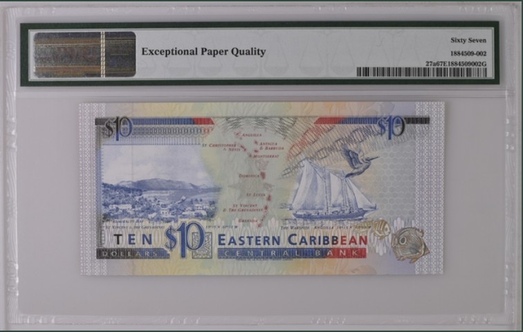 收藏联盟Quantum Auction 第206期拍卖 东加勒比(安提圭)1993年10元 PMG67 首发冠 高分稀少