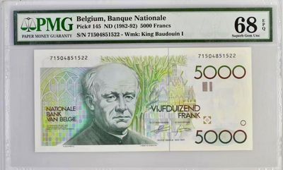 【Blue Auction】✨世界纸币精拍第247期——莫总专场VII - 【冠军分少见 升值品种】比利时 1982-92年5000法郎 PMG68EPQ 大蜻蜓 
