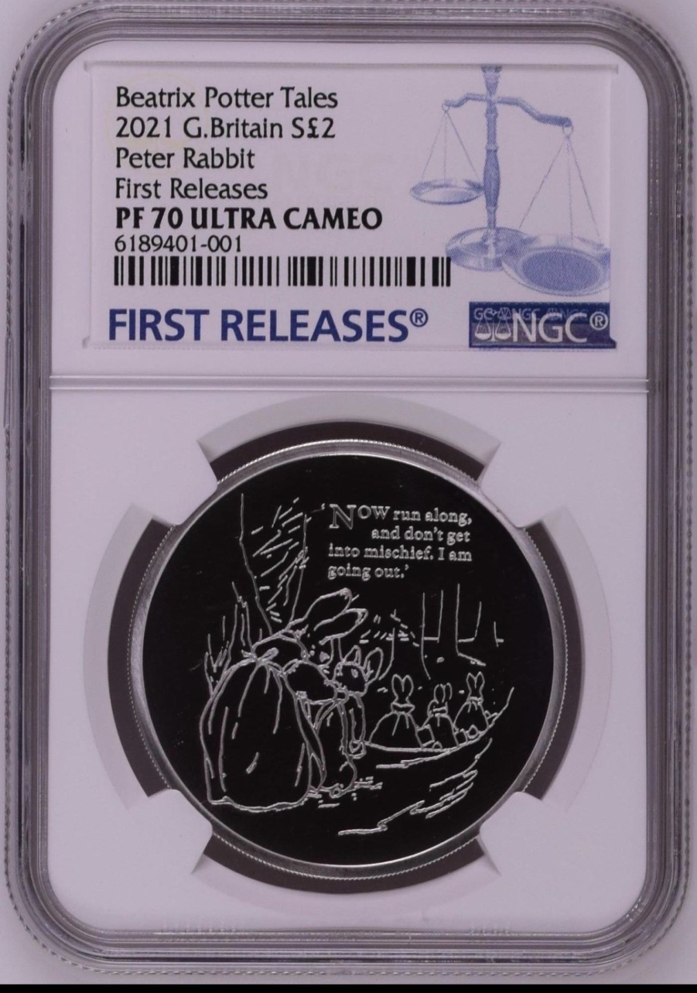 收藏联盟Quantum Auction 第206期拍卖 英国2021年2英镑1盎司彼得兔精制银币 NGC PF70UC 首发蓝标 限量发行