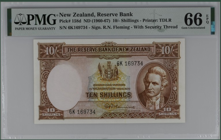 收藏联盟Quantum Auction 第206期拍卖 新西兰1960-67年10先令 PMG66 库克船长  签定《唐怀依条约》