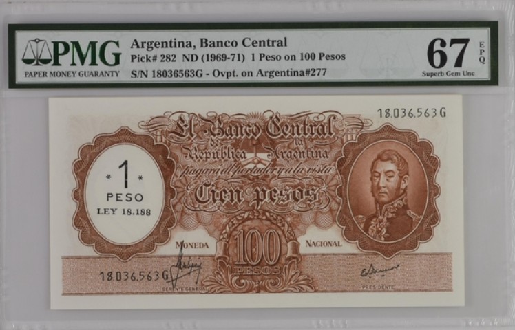 收藏联盟Quantum Auction 第206期拍卖 阿根廷1969-71年1比索 PMG67