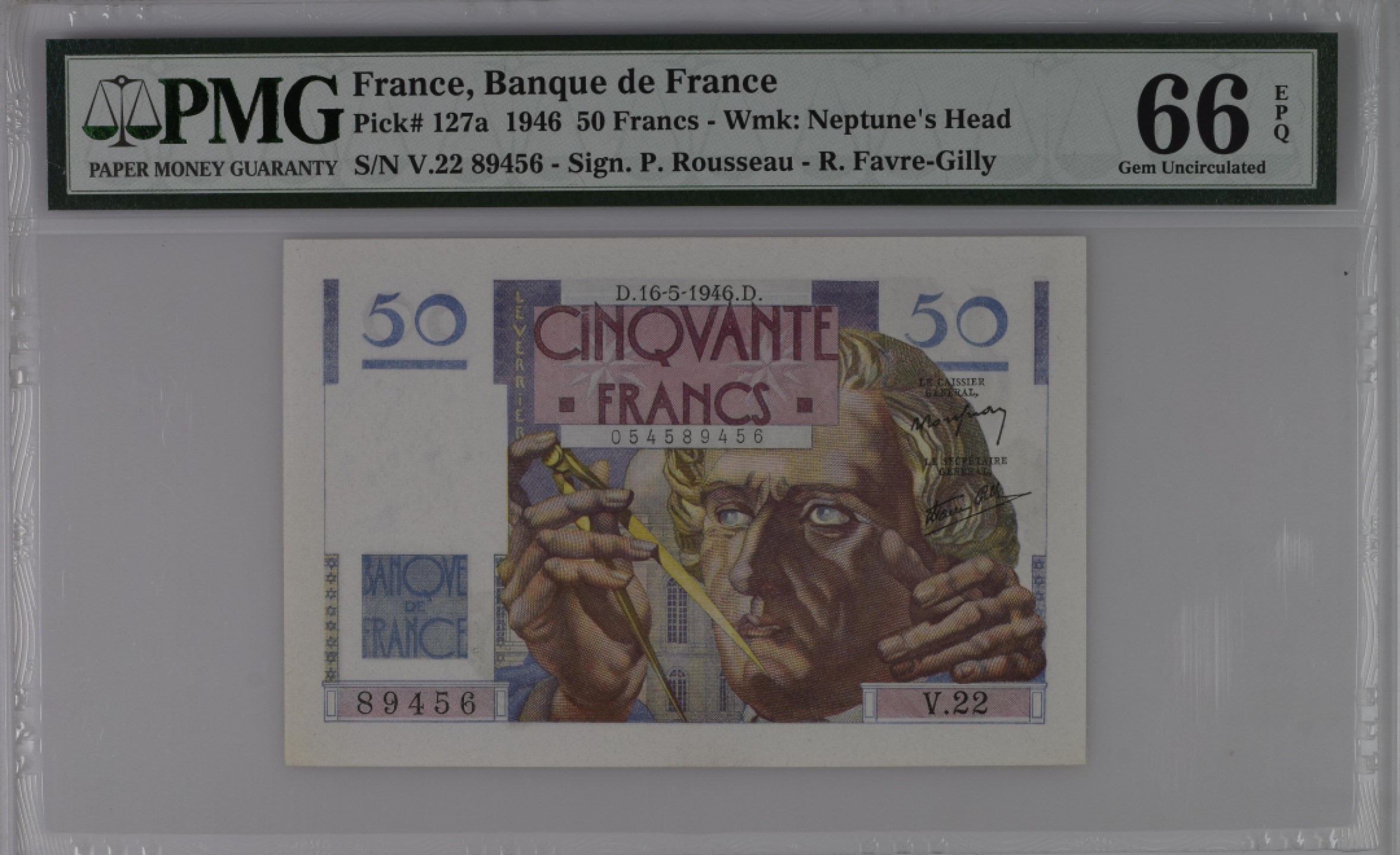 收藏联盟Quantum Auction 第206期拍卖 法国1946年50法郎 PMG66 海神