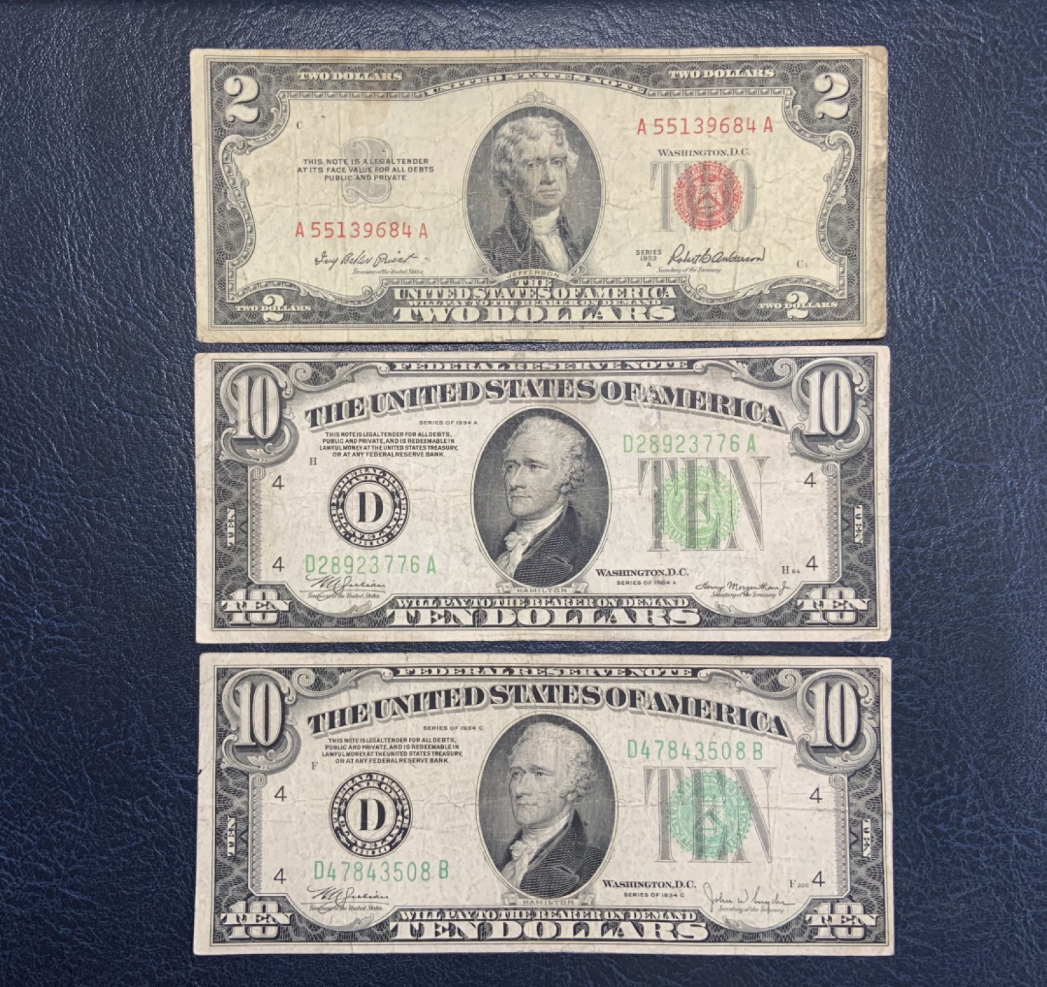 收藏联盟Quantum Auction 第205期拍卖 美国联邦1934年10元和1953年政府券2元 品相如图 1934绿库印稀少