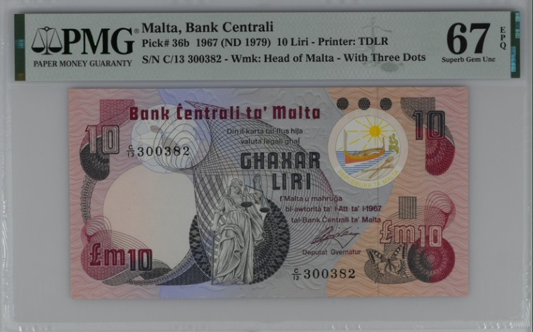 收藏联盟Quantum Auction 第206期拍卖 马耳他1979年10里拉 PMG67 