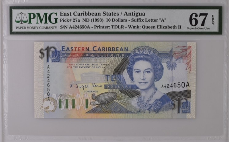 收藏联盟Quantum Auction 第206期拍卖 东加勒比(安提圭)1993年10元 PMG67 首发冠 高分稀少