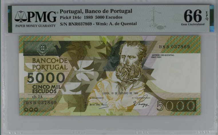 收藏联盟Quantum Auction 第206期拍卖 葡萄牙1989年5000埃斯库多 PMG66