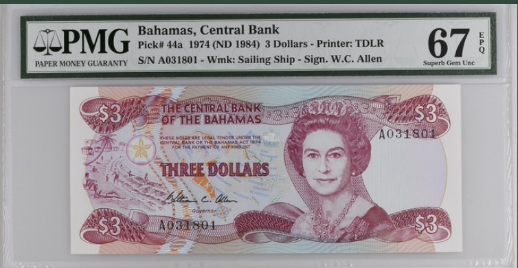 收藏联盟Quantum Auction 第206期拍卖 巴哈马群岛1984年3元 PMG67 首发A冠