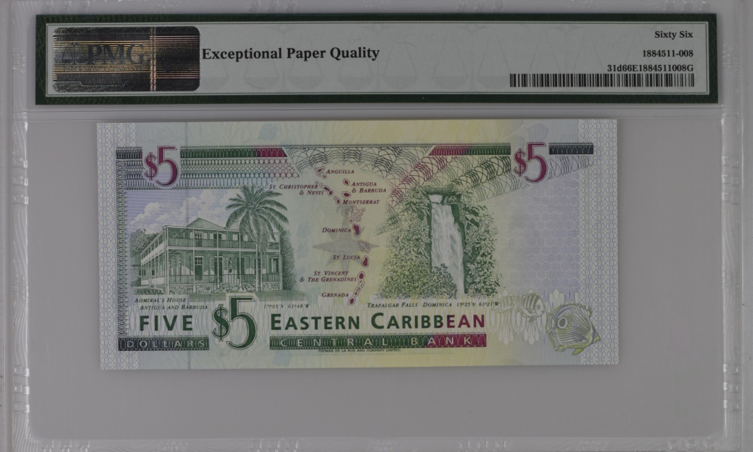 收藏联盟Quantum Auction 第206期拍卖 东加勒比国家(多米尼加)1994年5元 PMG66 