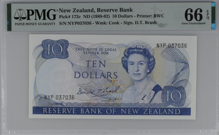收藏联盟Quantum Auction 第206期拍卖 新西兰1989-1992年10元 PMG66