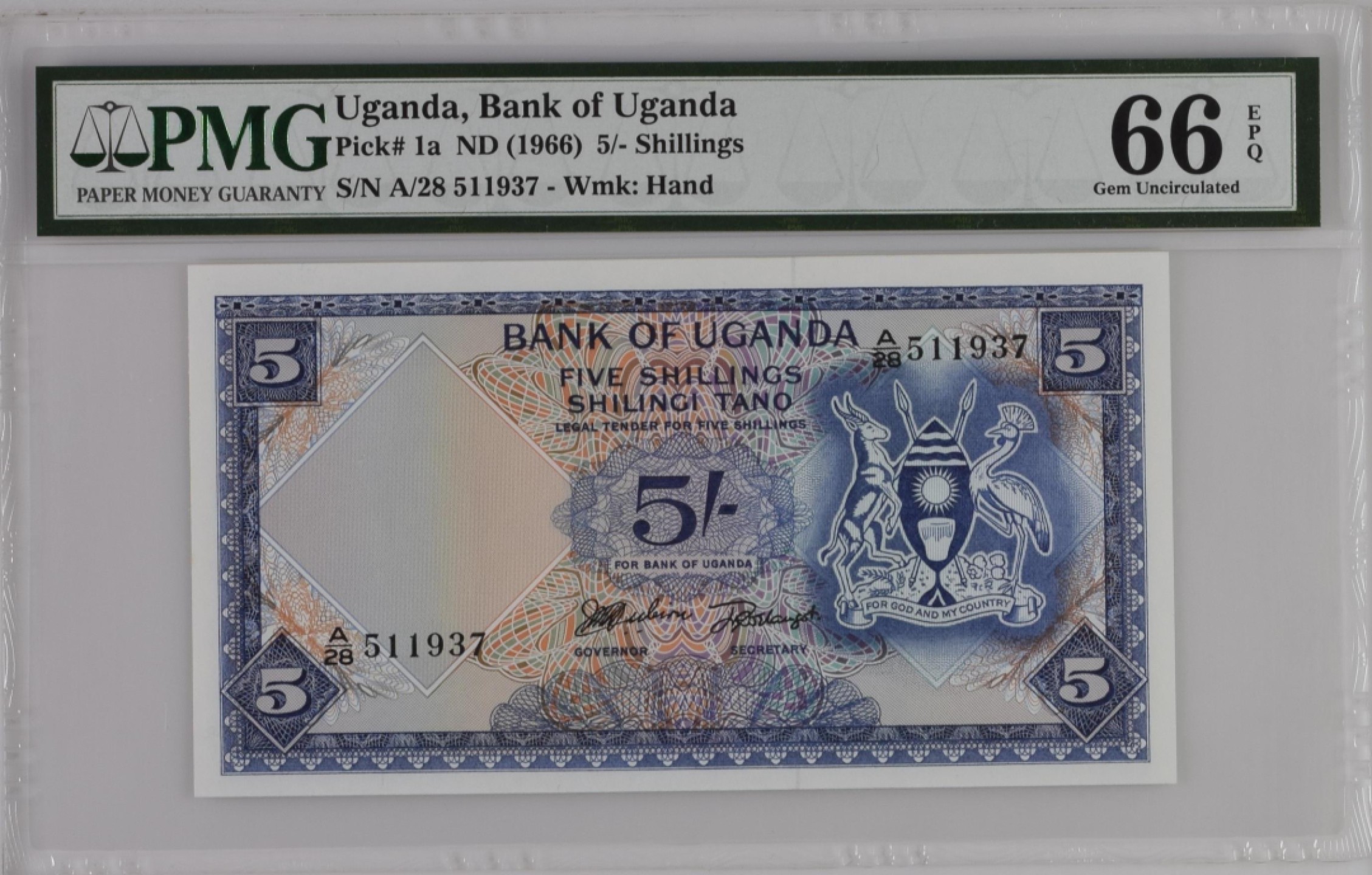 收藏联盟Quantum Auction 第206期拍卖 乌干达1966年5先令 PMG66 该国第一枚纸币