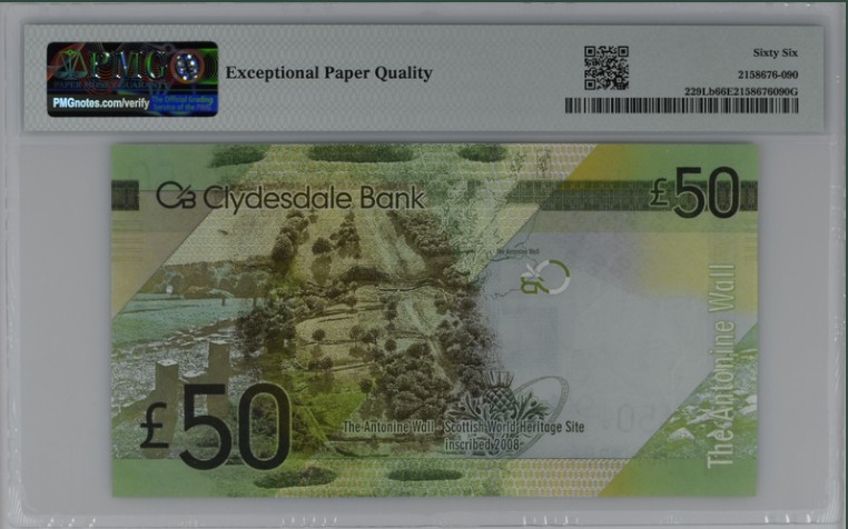 收藏联盟Quantum Auction 第206期拍卖 苏格兰克莱斯戴尔银行2015年50镑 PMG66 苏格兰杰出的女医生，政治家和女性选举权维护者 艾尔西 