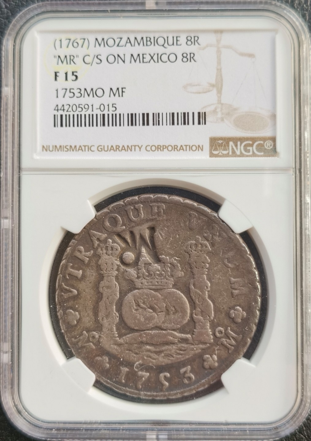 博洋堂双十一“璀璨之夜”精品专场暨第005期（全场包邮） NGC F15 莫桑比克加盖墨西哥1753年地球双柱银币，“MR”戳记，国内首见