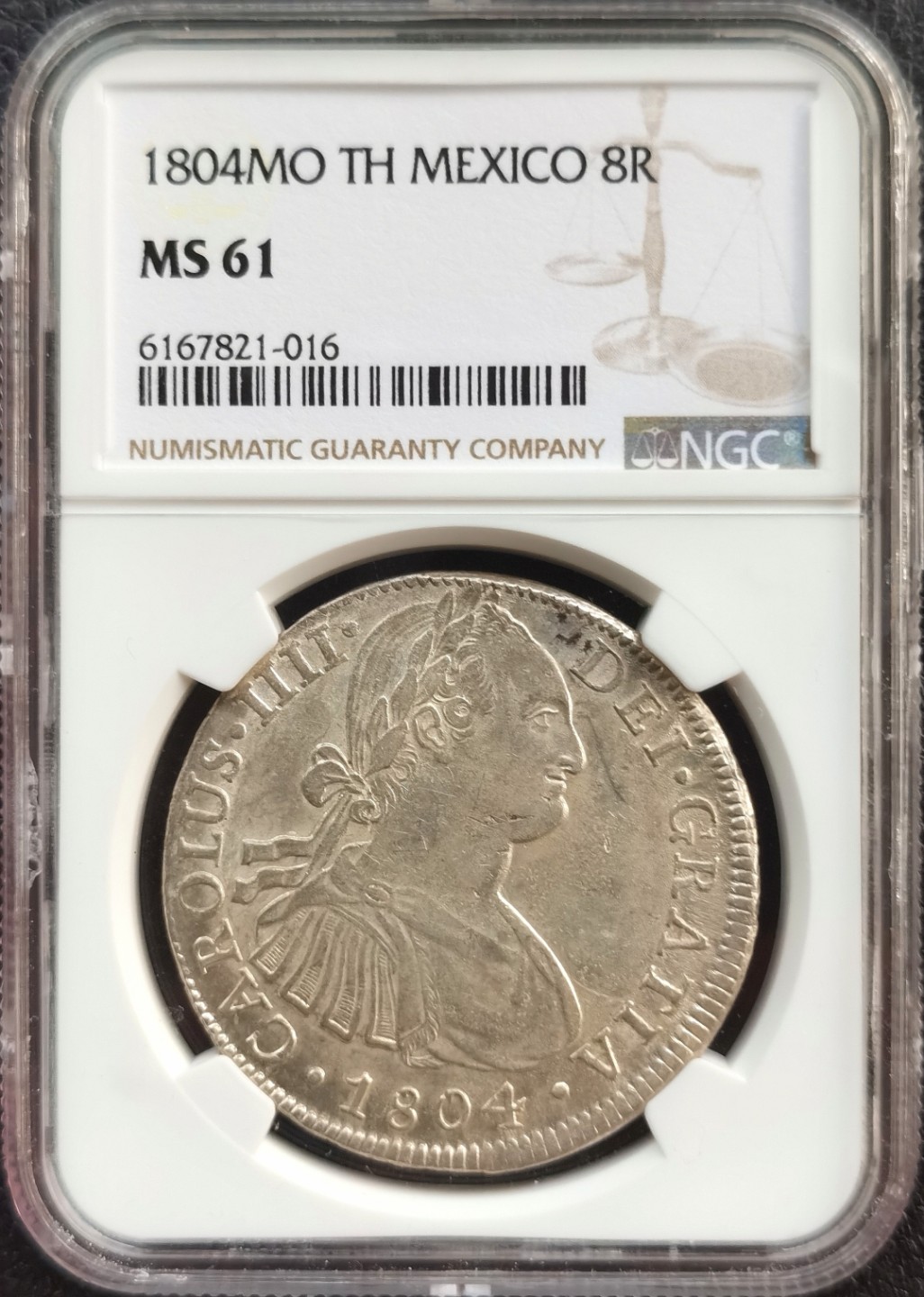 博洋堂双十一“璀璨之夜”精品专场暨第005期（全场包邮） NGC MS61 西属墨西哥1804年卡四双柱银币，深打漂亮