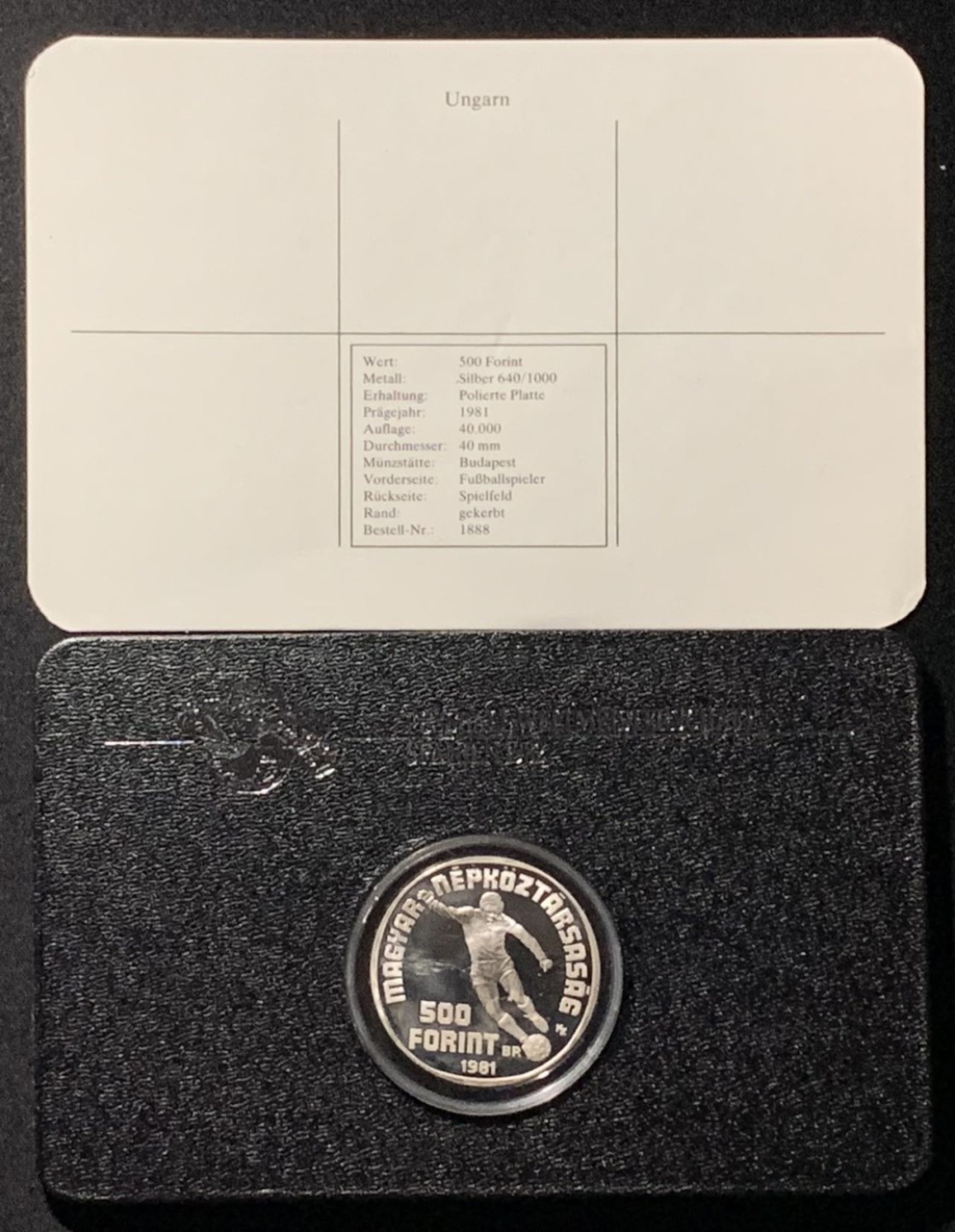 紫瑗钱币——第227期拍卖 匈牙利 1981年 西班牙世界杯 带球 500福林 28克 0.64银 精制 德国原装卡