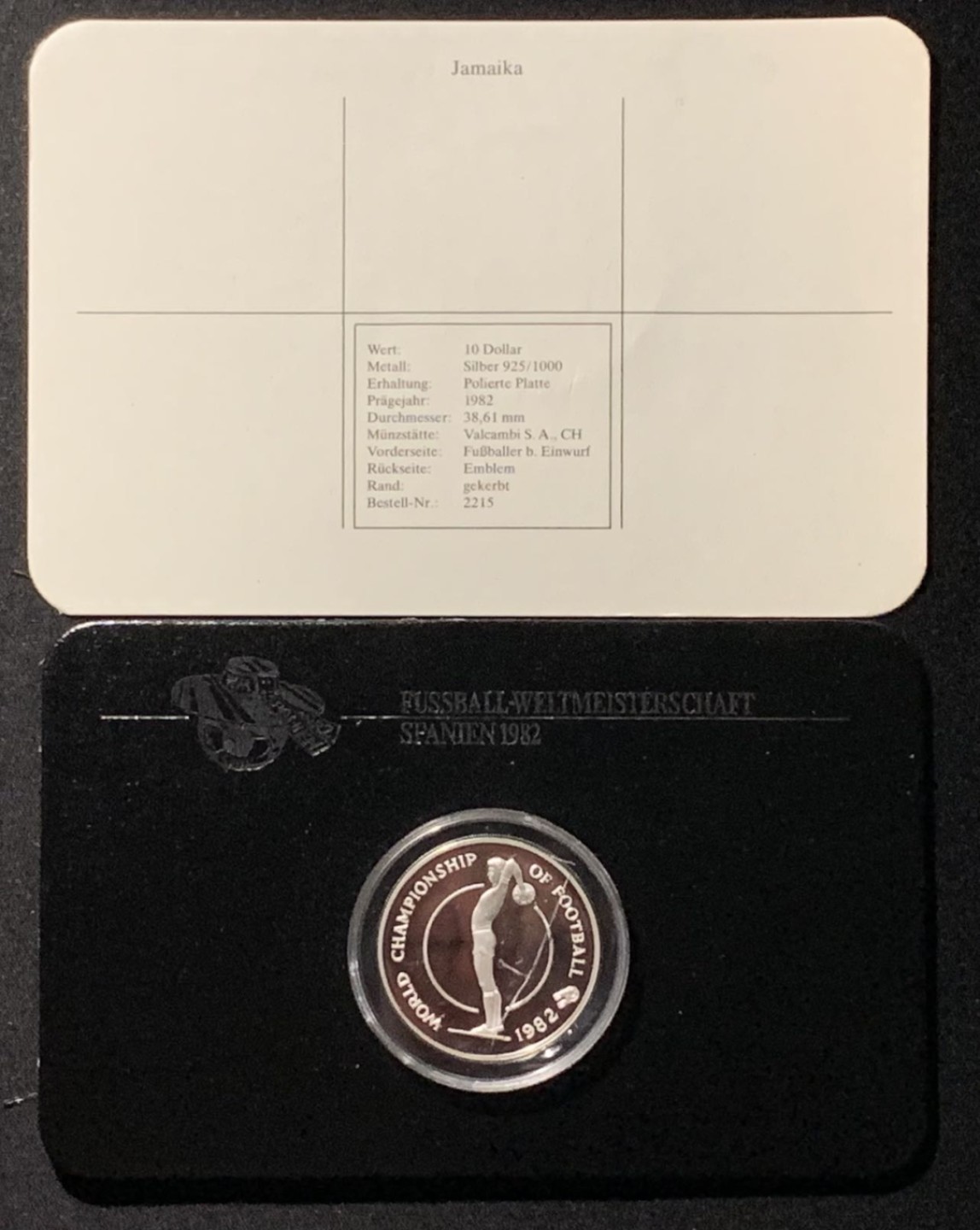 紫瑗钱币——第227期拍卖 牙买加 1982年 西班牙世界杯 界外球 10元 23克 0.925银 精制 德国原装卡